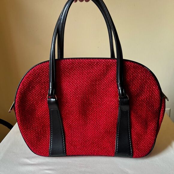 Vintage 70s Red Tweed Structured Mod Handbag Black Vinyl Trim Brass‎ Zipper - Picture 5 of 9